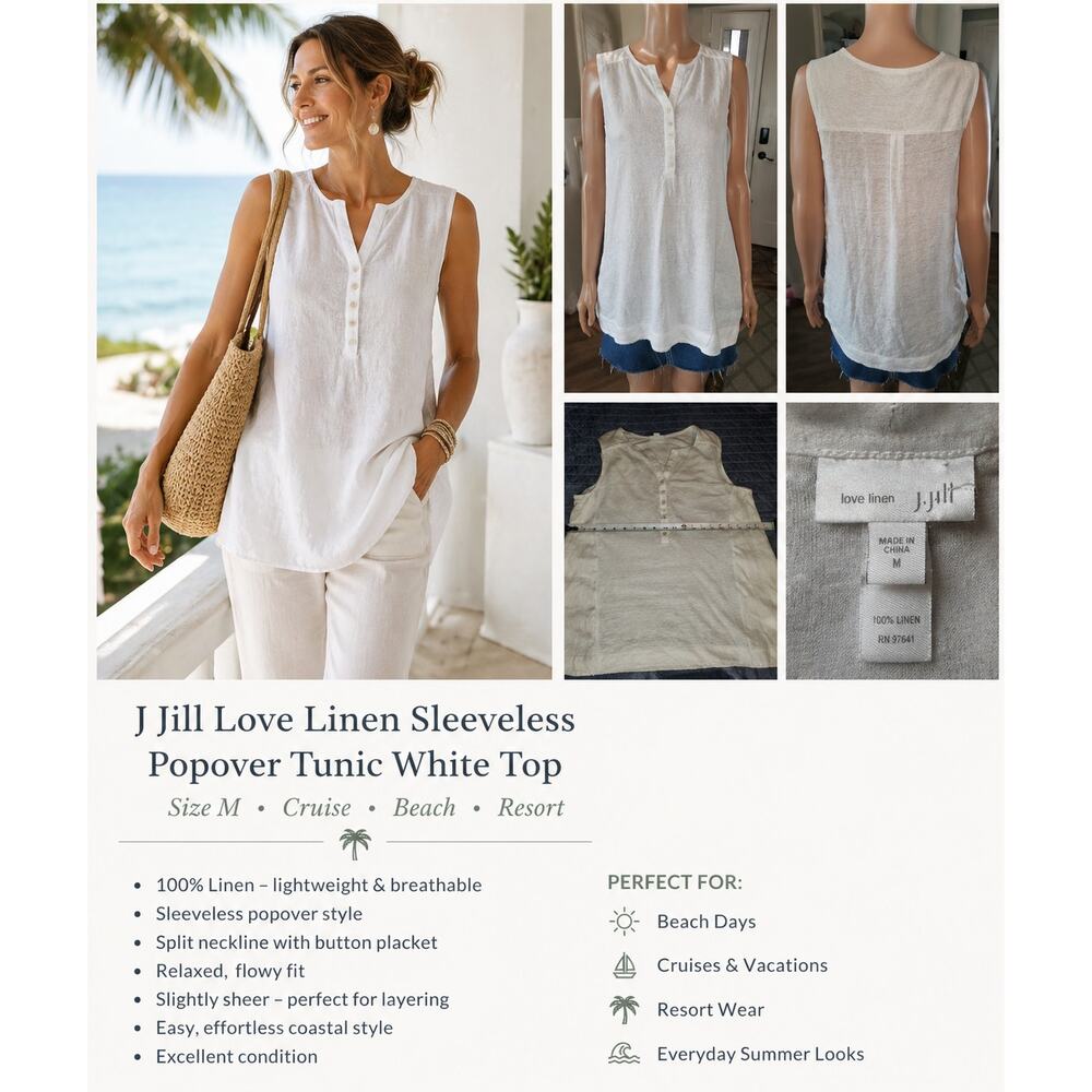 J Jill Love Linen Sleeveless Popover Tunic White Sz M Coastal Minimalist